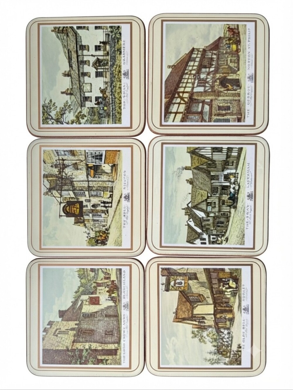1970s Pimpernel "Old English Inns" Cork Back Coasters (Set of 6)